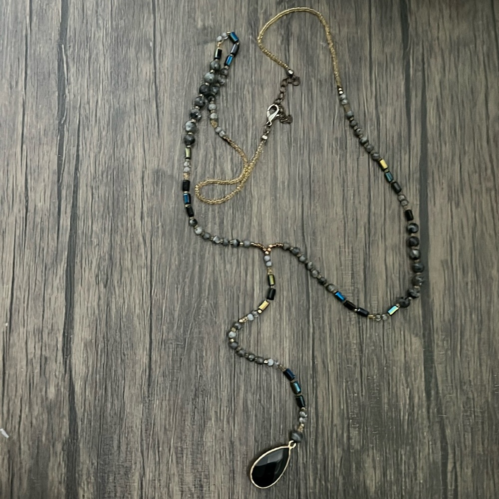 Beaded Y Necklace with Crystal Pendant Accent